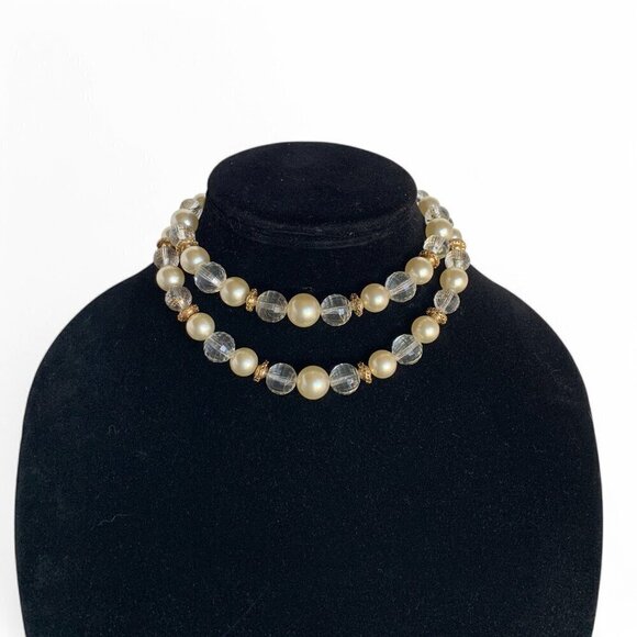 Vintage Marvella 1950's Double-Strand Faux Pearl Crystal Bead Necklace Bow Clasp - Picture 1 of 5